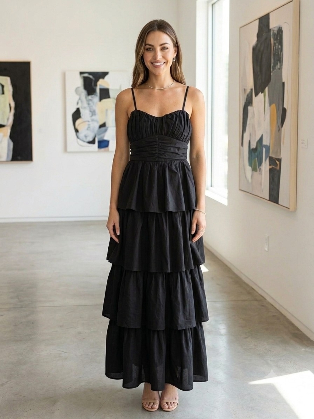 Francesca's Collections Black Tiered Maxi Dress with Spaghetti Straps